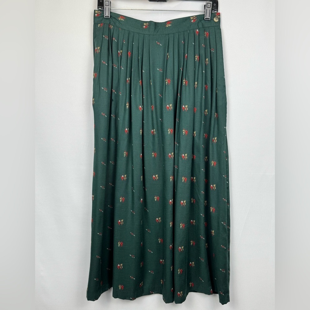 Vintage SKYR Pleated Skirt Forest Green Novelty Print A-line Skirt Pockets Sz 12